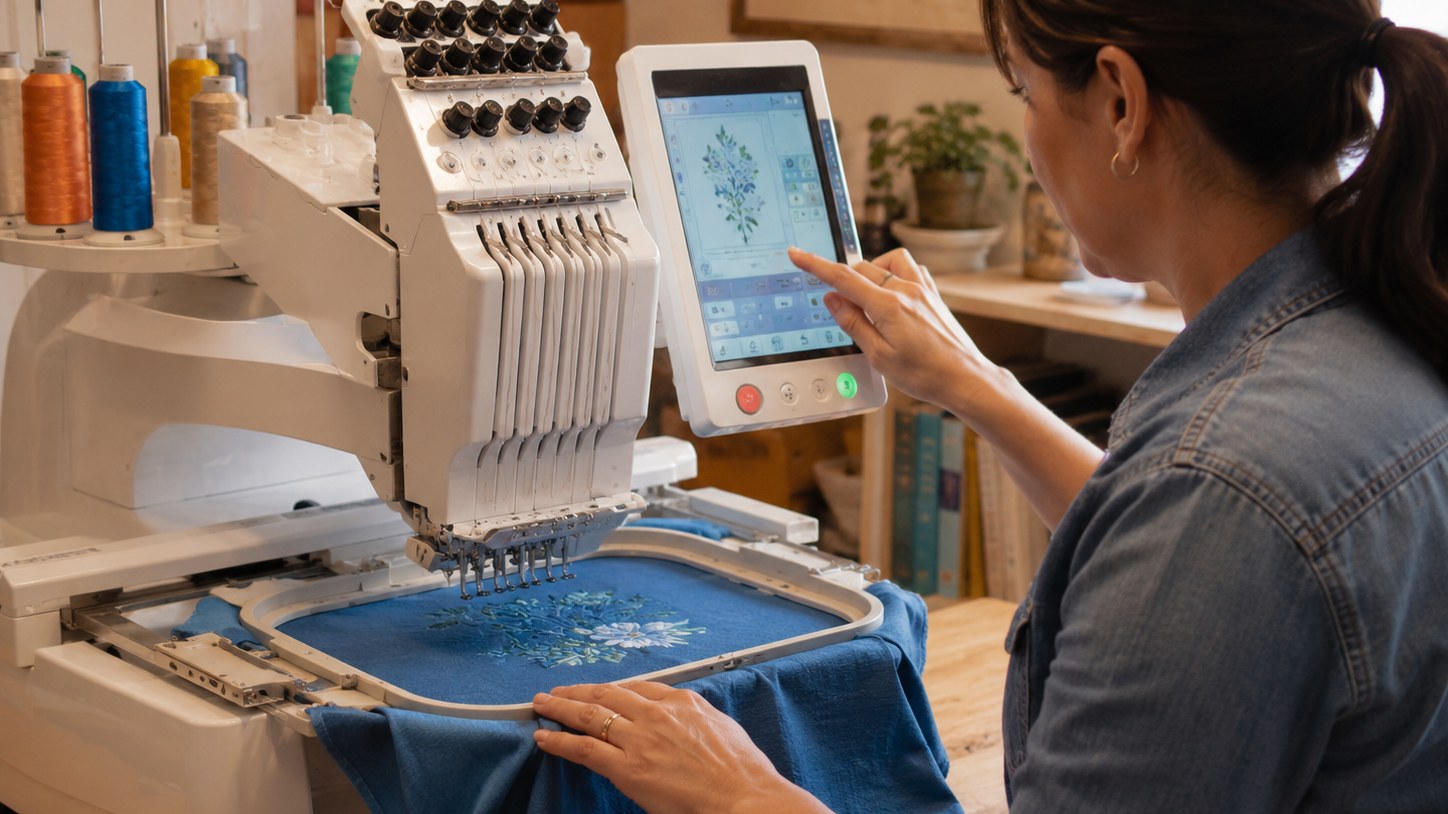 Embroidery operator designing a custom pattern on a multi-needle machine touchscreen
